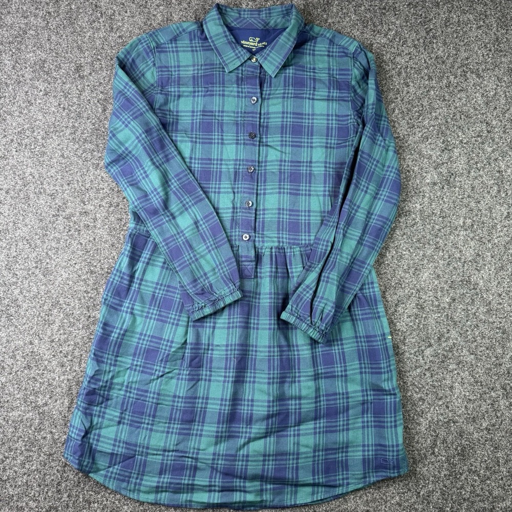 Vineyard Vines Girls 12 Plaid Shirt Dress Teal Navy Long Sleeve Preppy